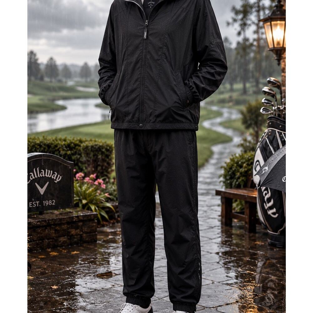 Callaway Golf Mens Medium Black Windbreaker Jacket‎ & Pants Set Golf Rain Suit